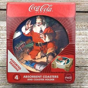 Coca-Cola‎ Santa Train Absorbent Stone Coasters 4 Pack with Holder Vintage Coke